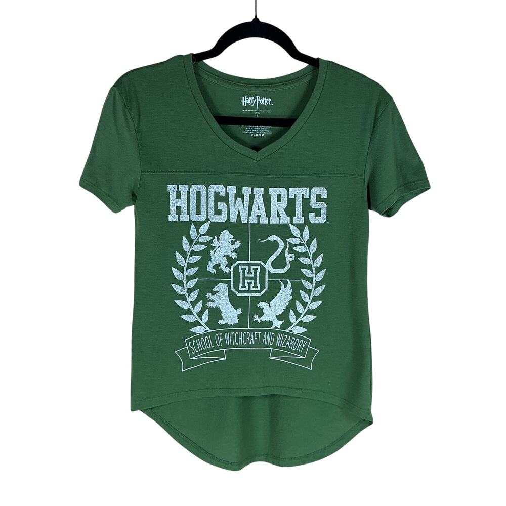 Harry Potter Hogwarts T-Shirt Women’s Small Green V-Neck Graphic Tee 2015